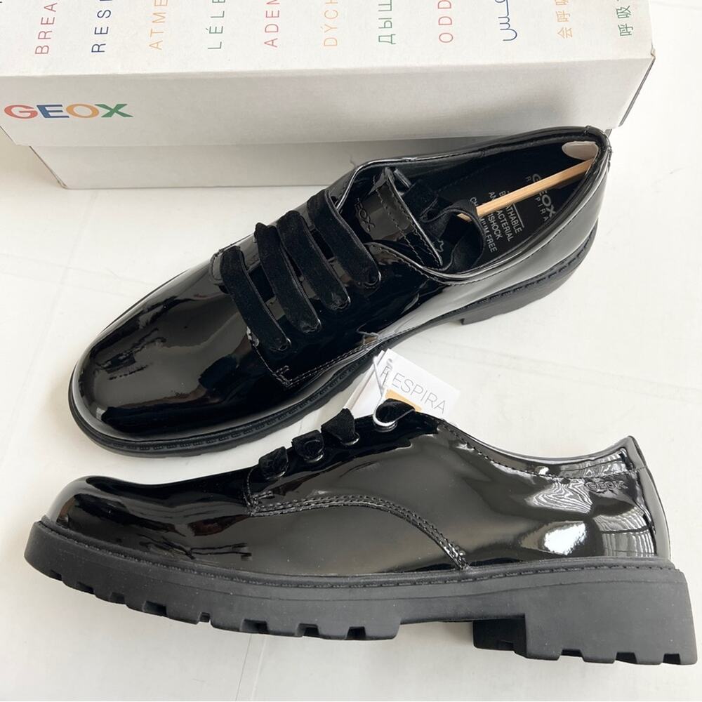 New GEOX Respira Casey Girl 53 Black Patent Sneaker Shoes GIRLS SIZE 6.5